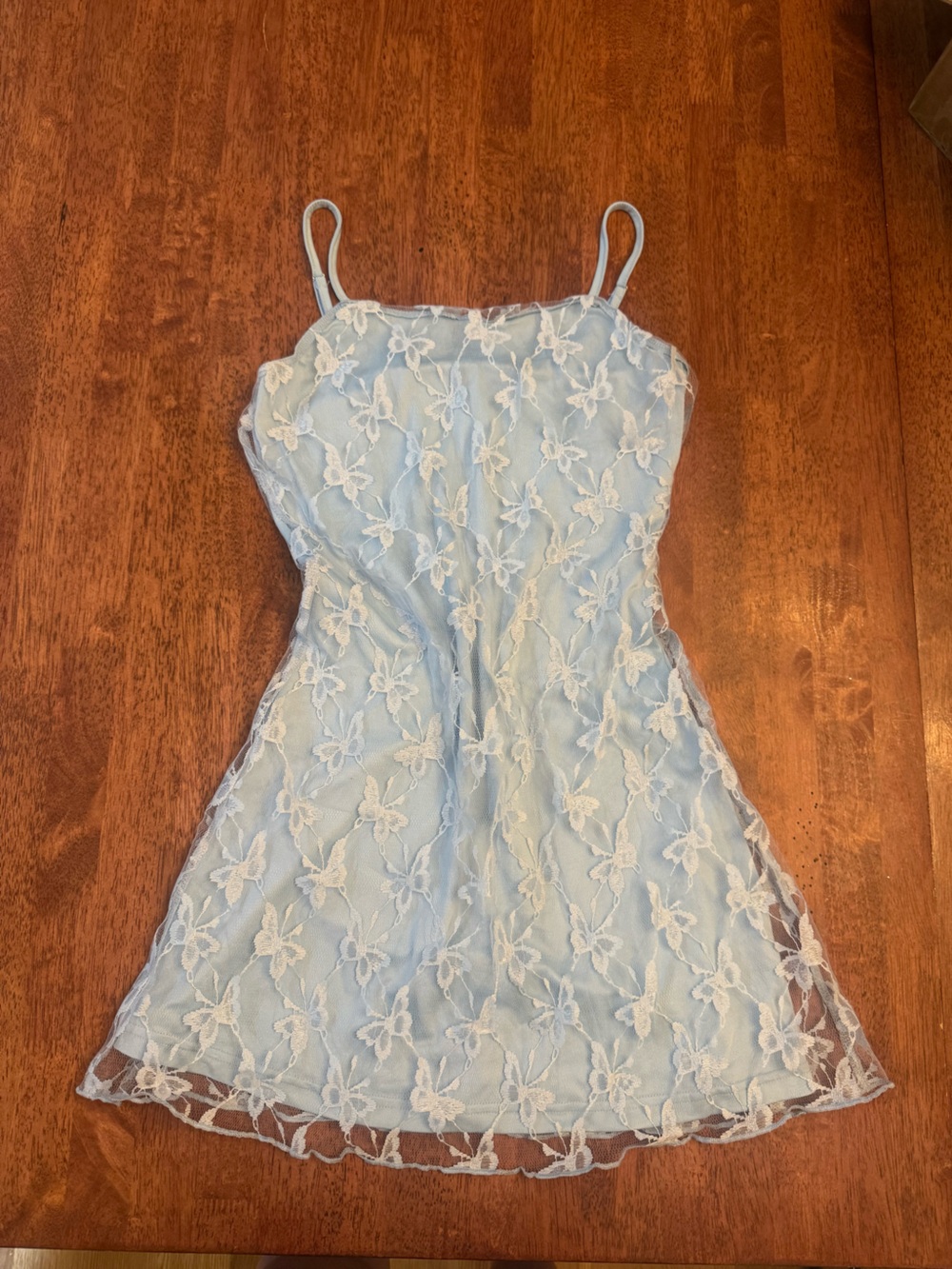 Cider Blue lace babydoll dress with white floral & butterfly embroidery, size XS